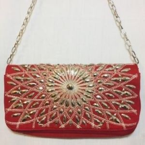 Red Embellished Silver Bead Clutch/Purse